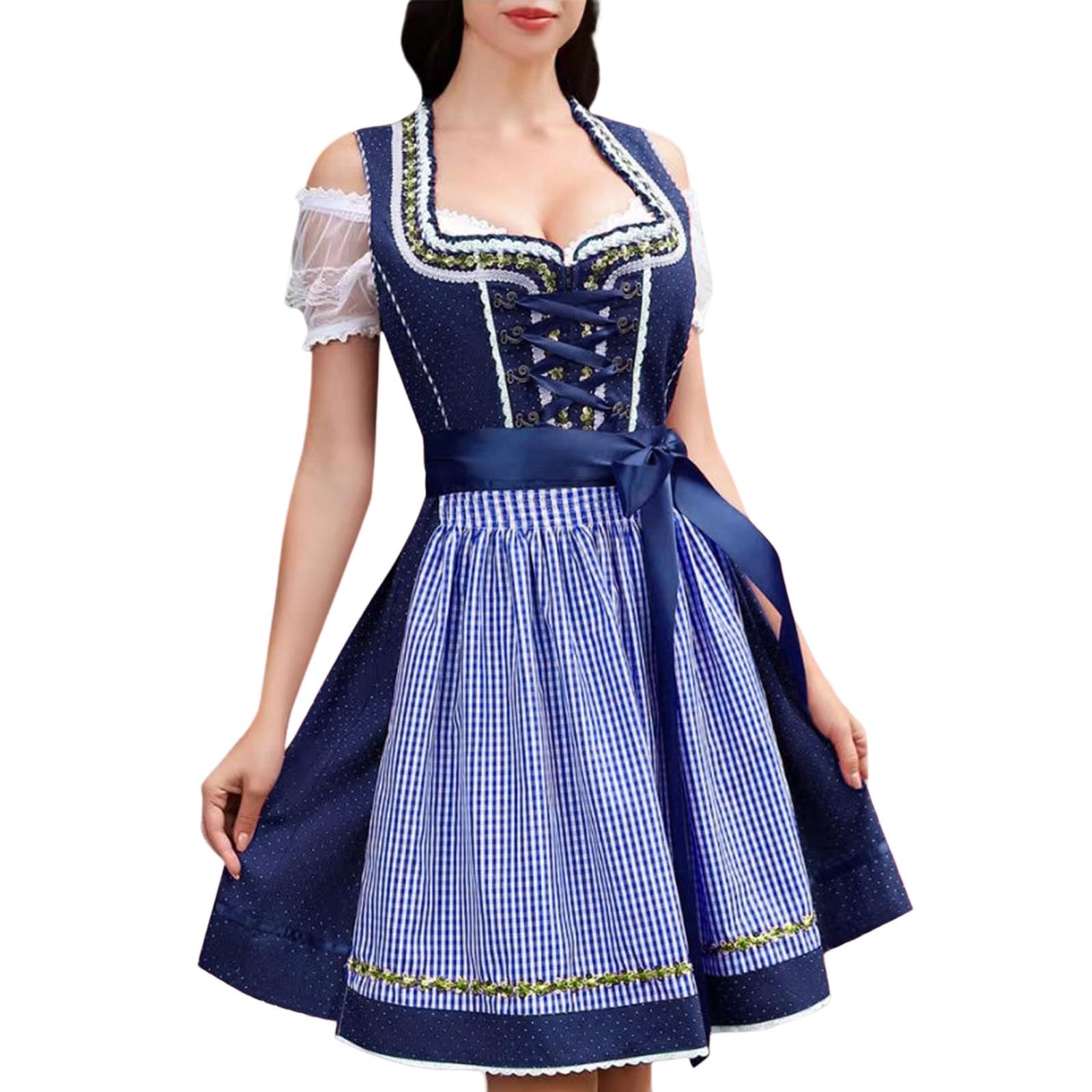 Generisch Oktoberfest Outfit Damen Kariert Dirndl Und Bluse Mit Schürze Kurzarm Dirndl Women Frauen Midi Kleid Trachtenkleid Tracht Dirndlbluse Elegante Trachtenmode Dirndlschürzen