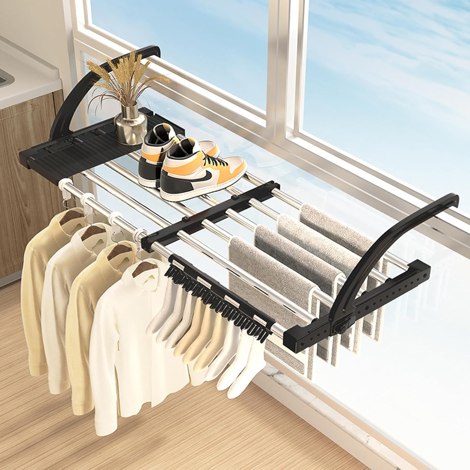 MOREIH Portable Clothes Drying Rack for Balcony Railings Windowsill ...
