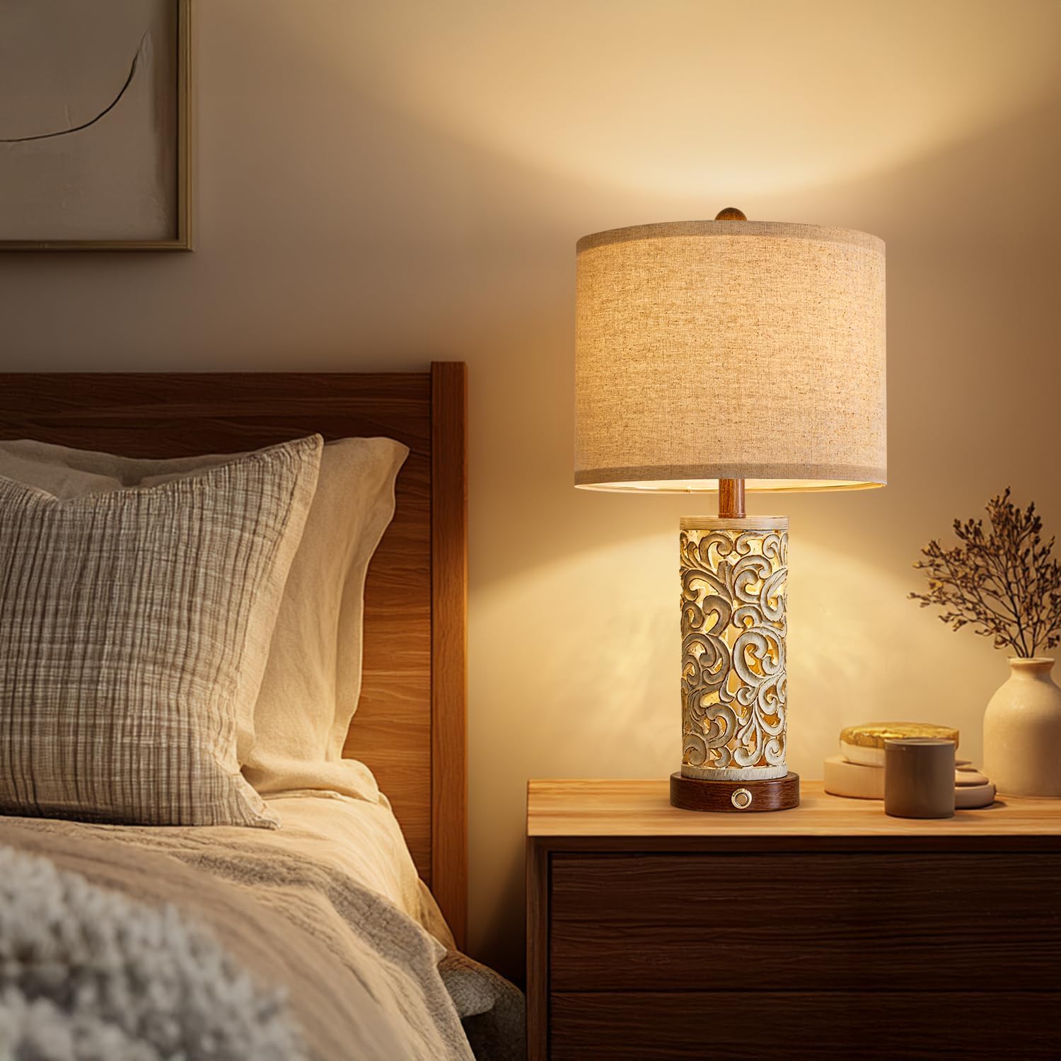 22" Dual Light Table Lamps Set of 2 for Living Room, Touch Lamp with 3-Level Dimming, USB A+C Table Lamp for Bedroom, Farmhouse Lamps for Night Stands(Brown, Bulb Included)