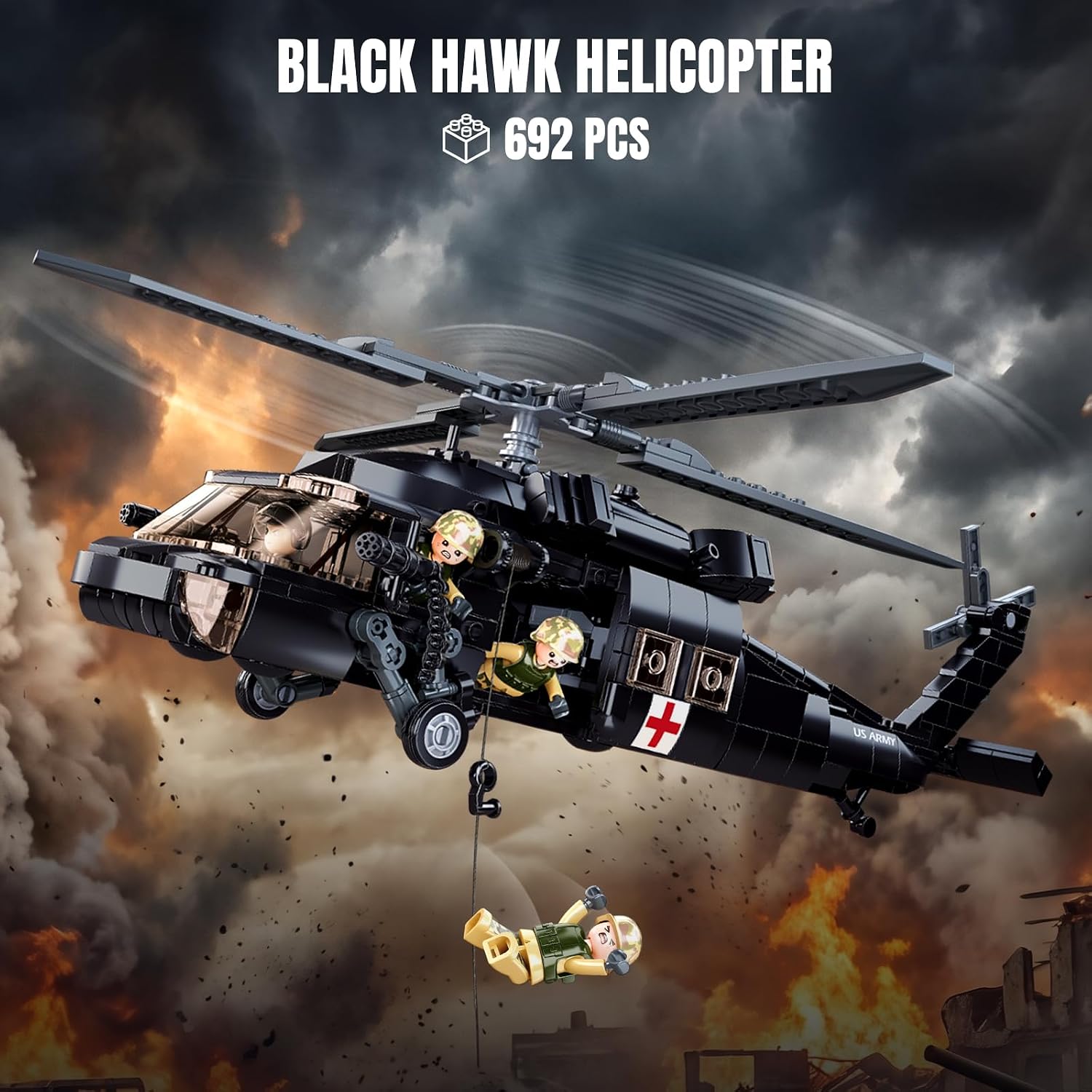 UH-60 Utility Helicopter Building Set 692PCS Rescue Helicopter Model Kit with 4 Soldier Figures, Army Aircraft Building Blocks, Compatible with Lego, Gift for Boys Age 14+ image 2