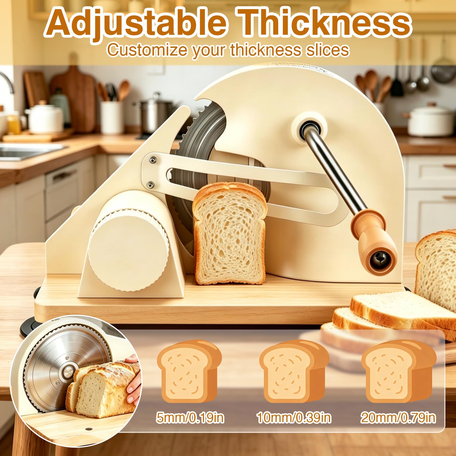 Manuelle Brotschneidemaschine, klappbar Brotmaschine mit Handkurbel, einstellbar 1-20 mm, Edelstahl-Wellenschliffklinge, 6 Saugnäpfe, Massivholz-Basis für Sauerteigbrot