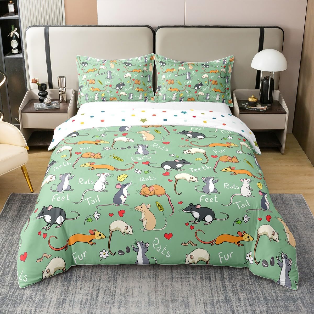 Erosebridal 100% Cotton Kids Rat Bedding Set, Mouse Rodents Duvet Cover Twin, Funny Animal Love Heart Comforter Cover for Boys Girls Children Bedroom, Cartoon Style Quilt Cover Decorative Room, Green