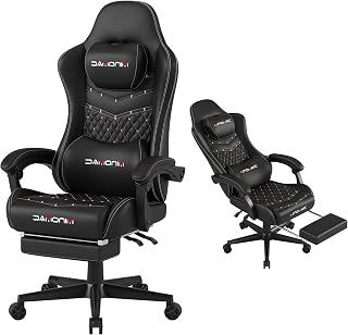 MINOMAC Ergonomic Gaming Chair 400lb Capacity, Retractable Footrest, 4D Sponge Backrest, Waist Support - Black