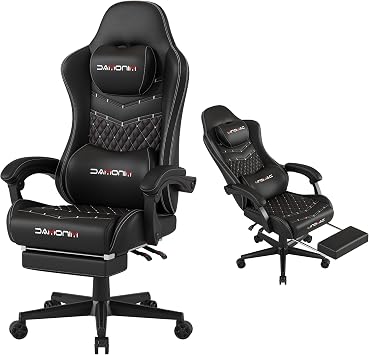 Gaming Chair,Ergonomic Computer Gaming Chair,400lb Load-Bearing,Retractable Footrest/Waist Support/Ergonomic Backrest[Spring + 4D Sponge] Black