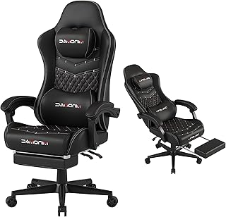 Gaming Chair,Ergonomic Computer Gaming Chair,400lb Load-Bearing,Retractable Footrest/Waist Support/Ergonomic Backrest[Spring + 4D Sponge] (Black)