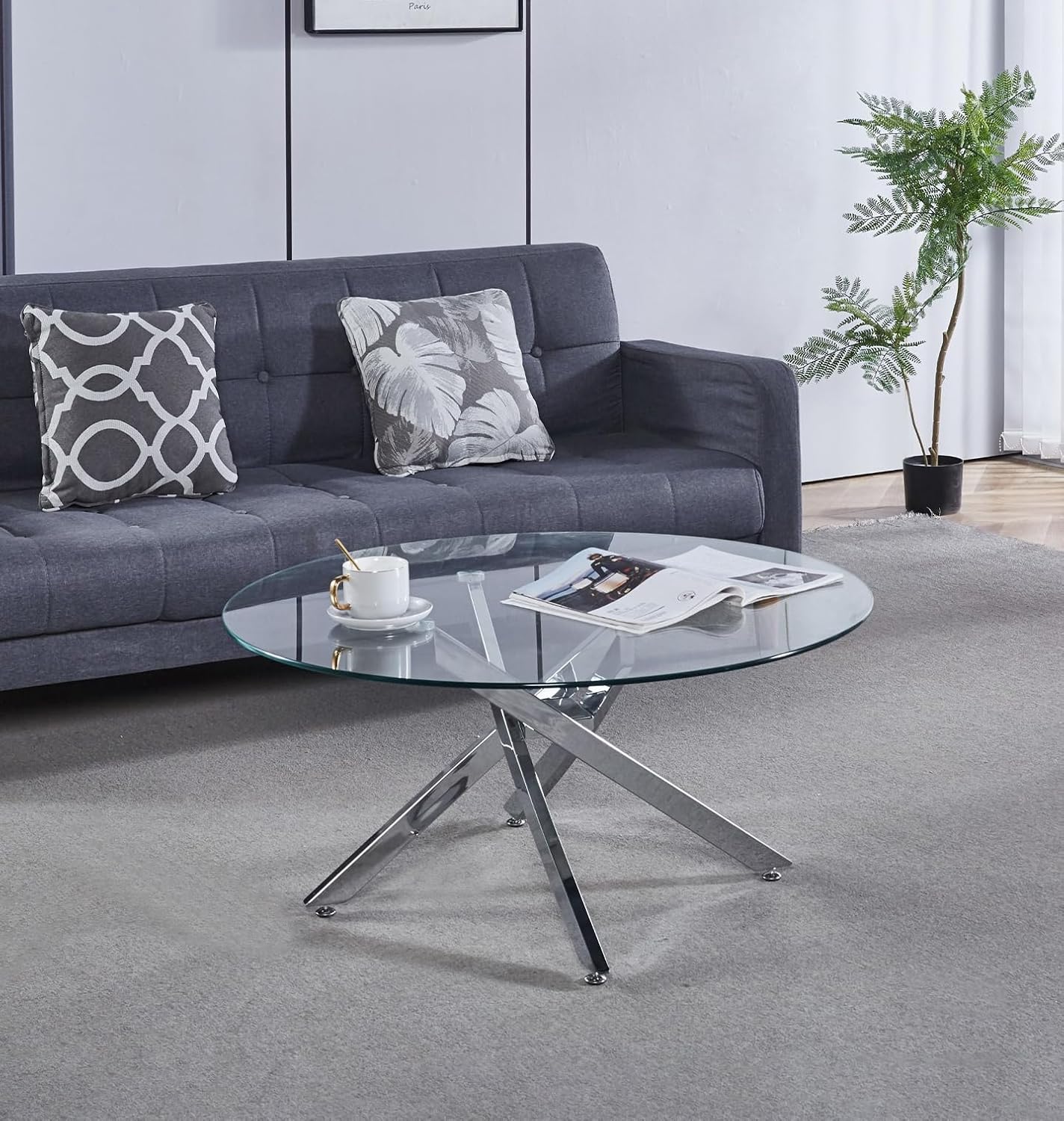 Hallowood Furniture Cullompton Modern Glass Top Coffee Table with 4 Crossed Chrome Metal Legs, Small Round Coffee Table, Clear Tempered Glass Center Tables For Living Room and Lounge Area