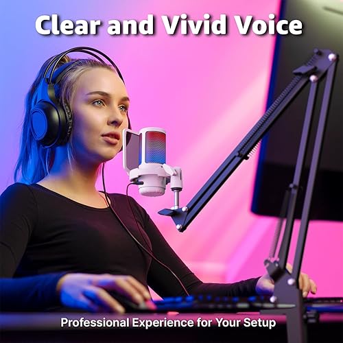 Miniatura 6 de IXTECH Micrófono para juegos para PC con brazo Boom, micrófono condensador podcast con filtro pop, botón de silencio rápido, perilla de ganancia,