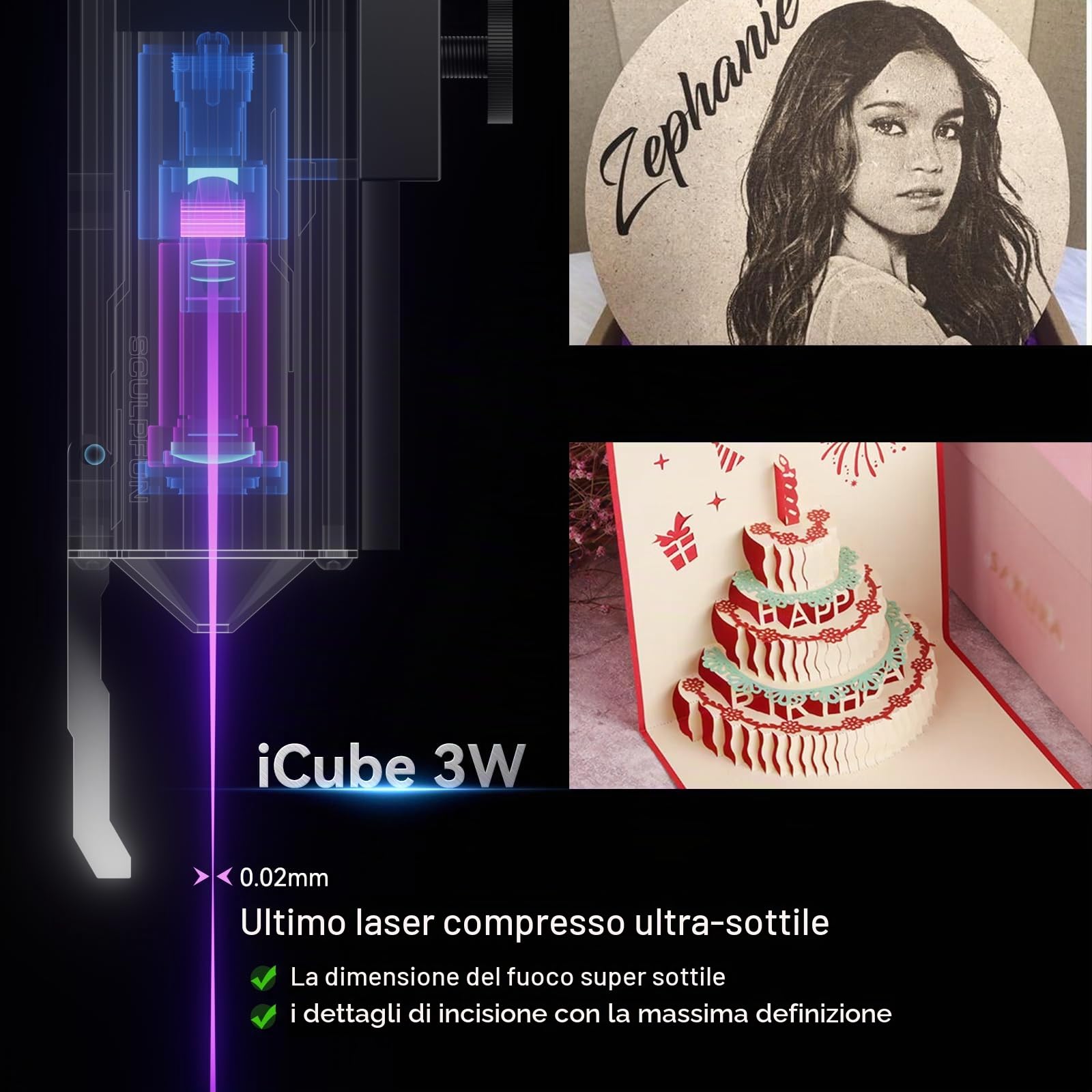 SCULPFUN iCube 3W Incisore laser, punto laser da 0,02 mm, velocità di incisione 10.000 mm/min, macchina per incisione laser con filtro antifumo, connessione app, 130 x 130 mm