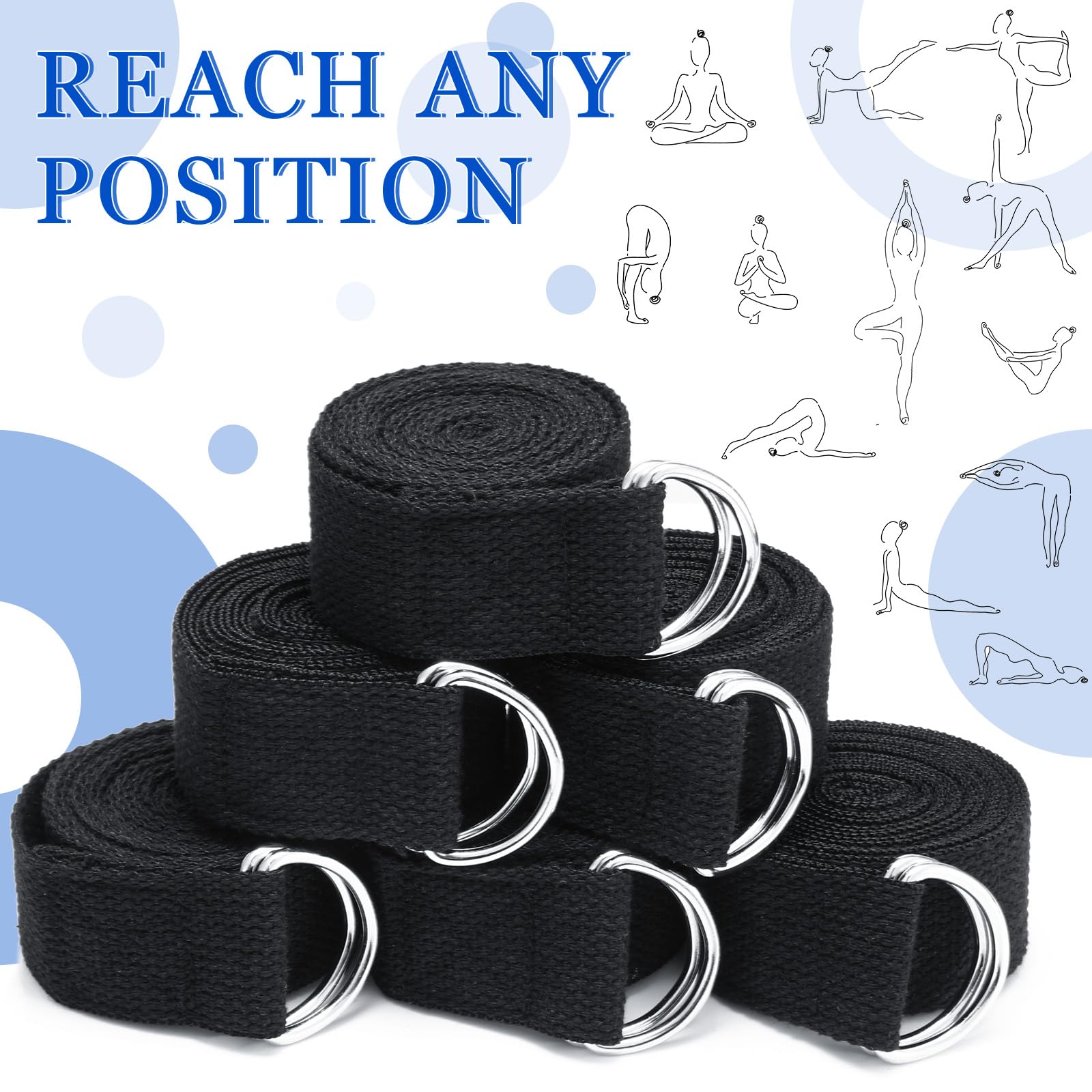 Leyndo Yoga-Gurt, Stretching, Pilates, Übungen, verstellbare Gurte, 1,8 m, nicht elastisch, Yoga-Gürtel mit verstellbarer D-Ring-Schnalle für Pilates, Fitnessstudio, Workout, Fitness, 24 Stück