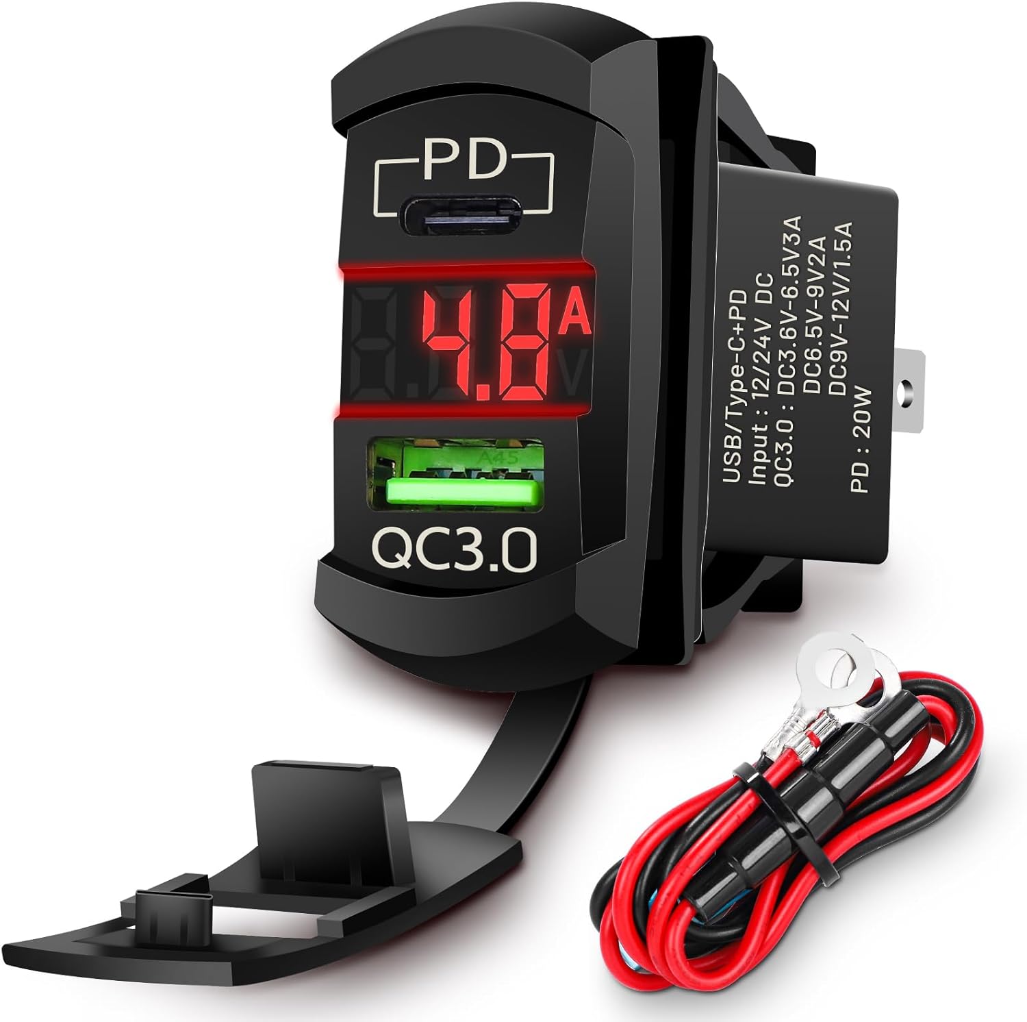 Rocker Switch USB Type C Charger with New Updated Ammeter and Voltmeter Universal Fits Rocker Switch Panel 12V 24V Dual USB Charging Port Outlet for RV Cars Marine Boats ATVs Trailers