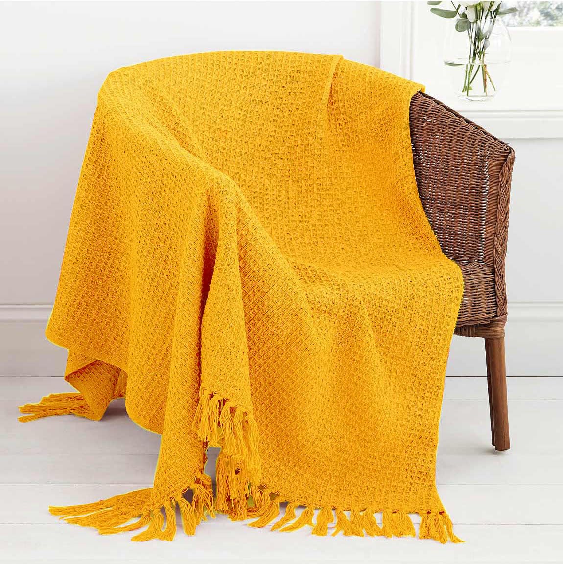 Mehar Bedding 100% Cotton Woven Honeycomb Plain Waffle Textured Chair Sofa Setee Bed Throw Tasselled Edge (ORCHE, King (259cms x 259cms))