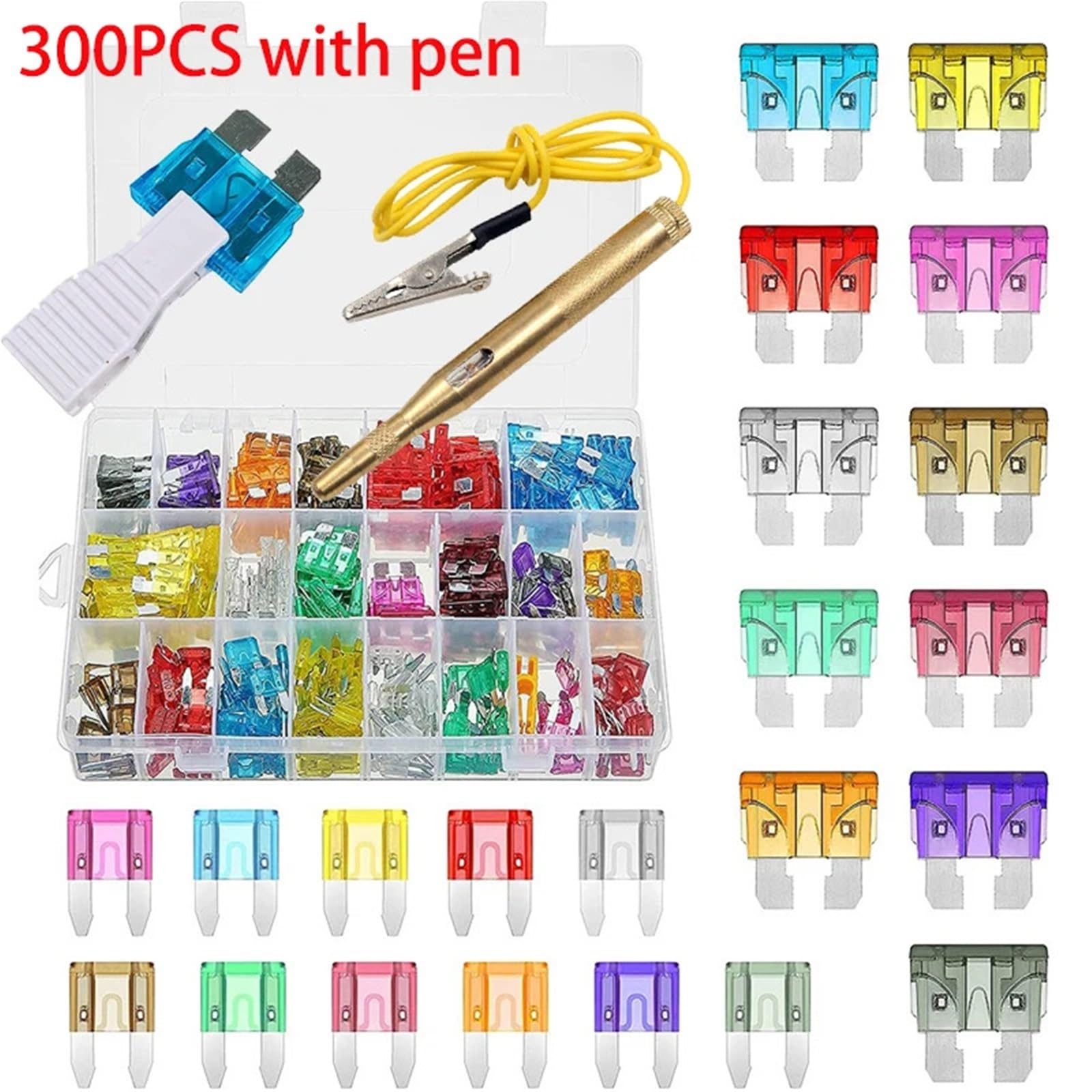 Juego de fusibles surtidos for coche, tamaño mediano, tipo cuchilla, 2-40 A, for camión, 50/100/300 unidades(300PCS with pen)