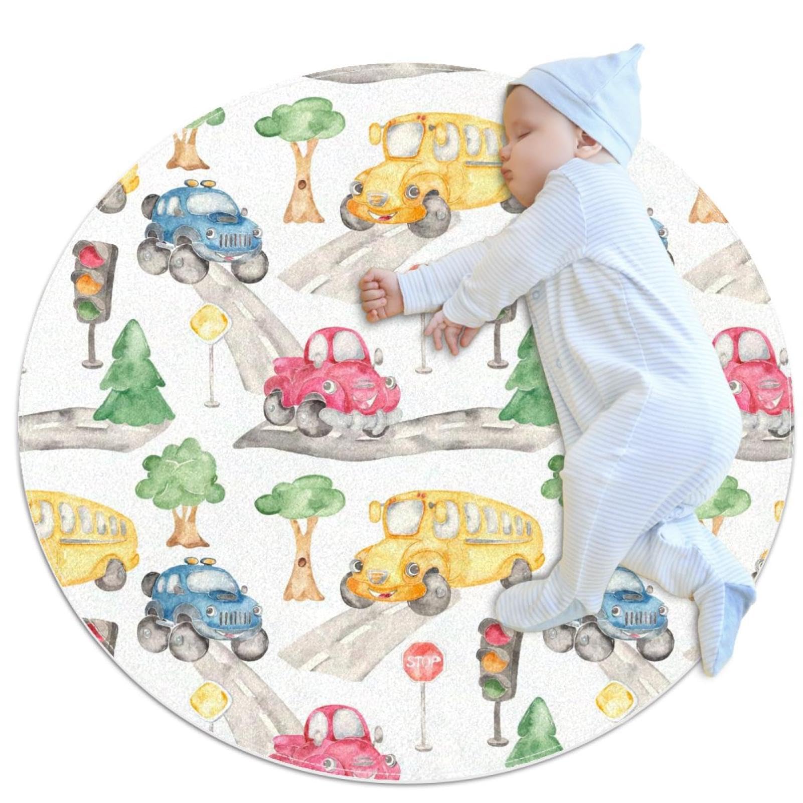 Tapis de salle de bain 1m diamètre antidérapant motif bus et voitures