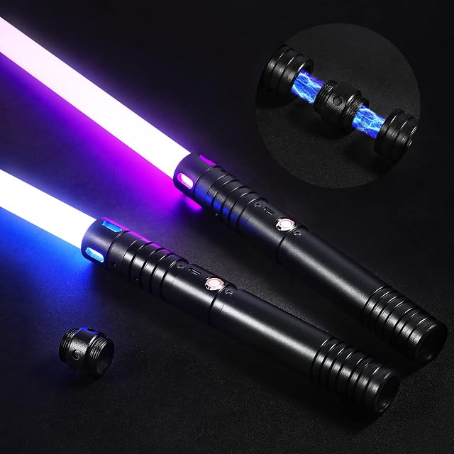 Light Sabers for Kids and Adults Lightsaber Set of 2 | Rechargeable Double Lightsabers | Doublebladed Lightsabers with 15 Colors and Sound Effects | Premium Lightsaber Toy with Black Metal Handle