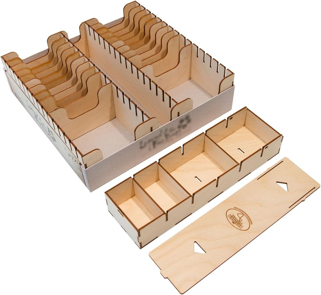 The Broken Token Card Organizer - Compact Wood Storage Box for Cards with Multiple Adjustable Dividers, Rows and Bit Boxes