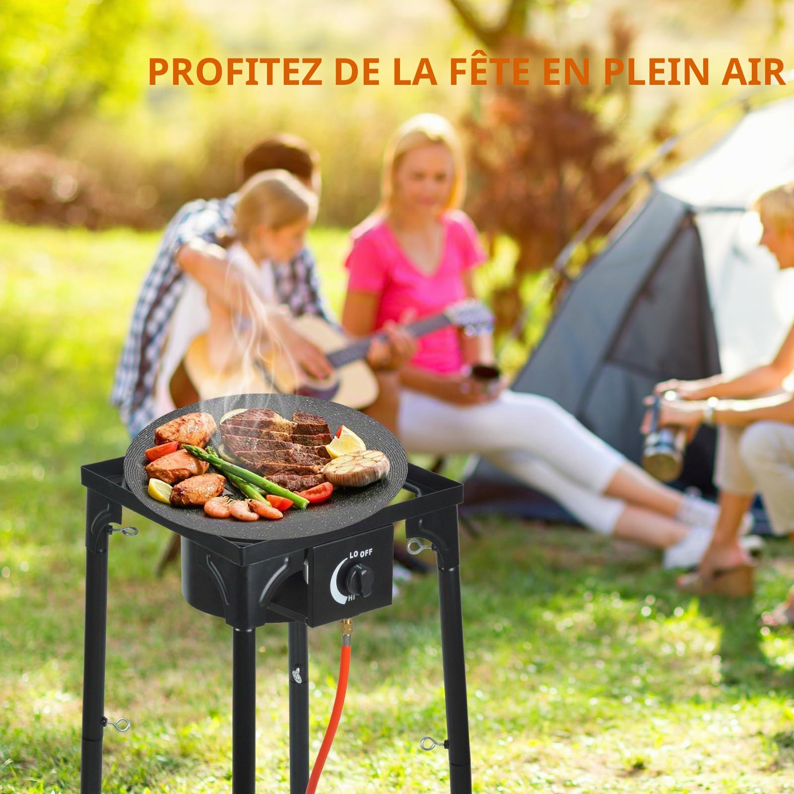BACOENG Réchaud gaz 10KW avec pieds amovibles trépied extérieur 1.5m tuyau régulateur 50 mbar