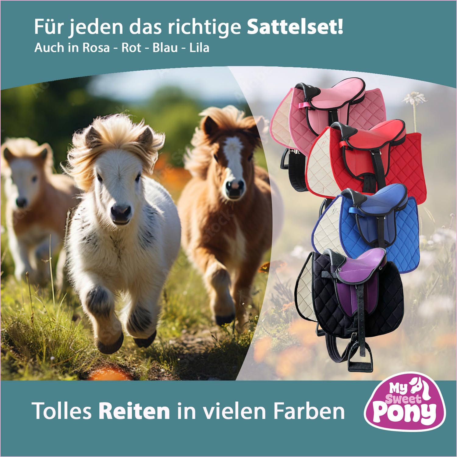 My Sweet Pony Kinder Shettysattel-Set Dream Flower Halfter Führstrick Sattel für Pony Shetty Holzpferd