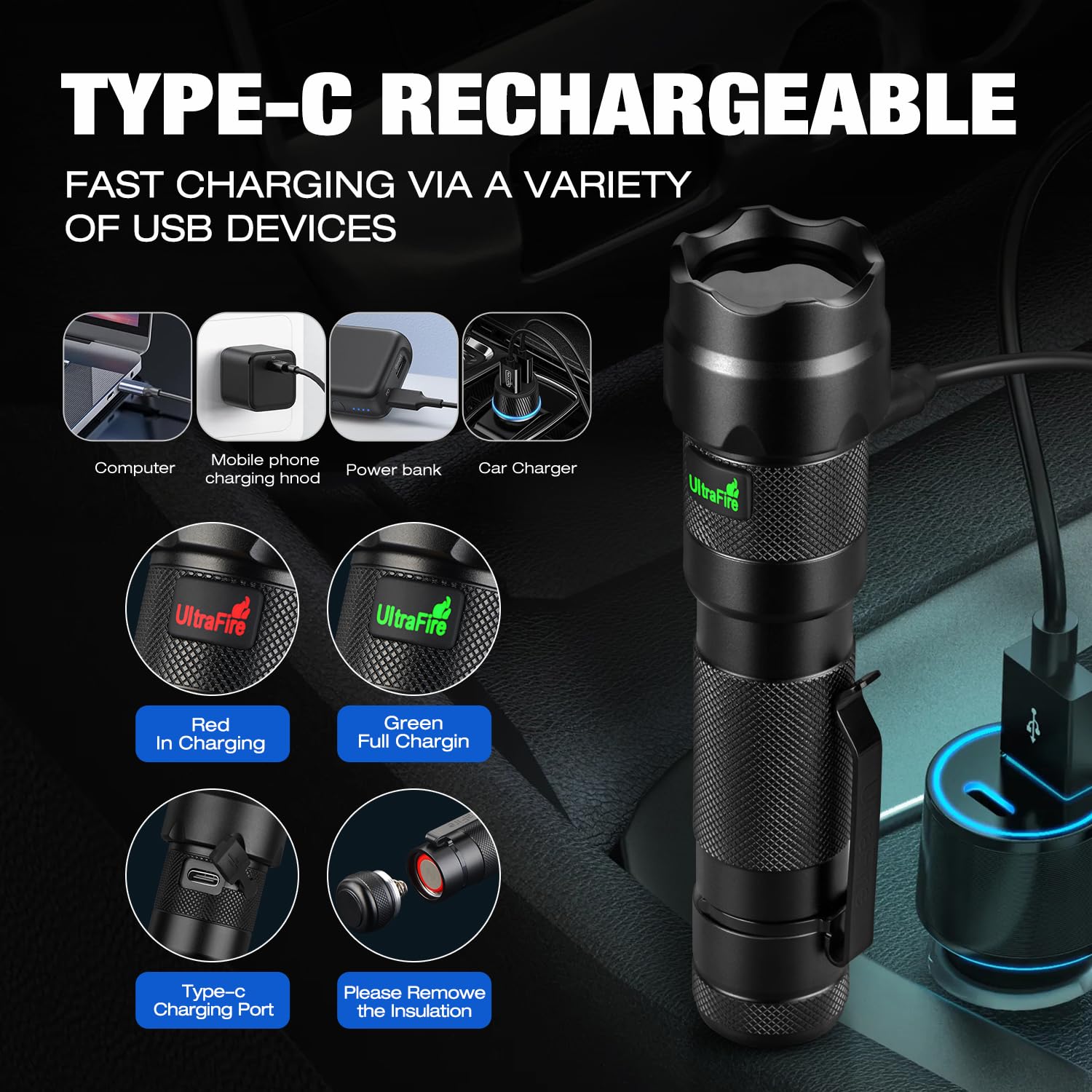 UltraFire Torcia UV ricaricabile 365 nm LED luce nera, 15 W potente luce ultravioletta, lampada UV professionale con lente nera per tracce di sangue, analisi fluorescenza, minerali