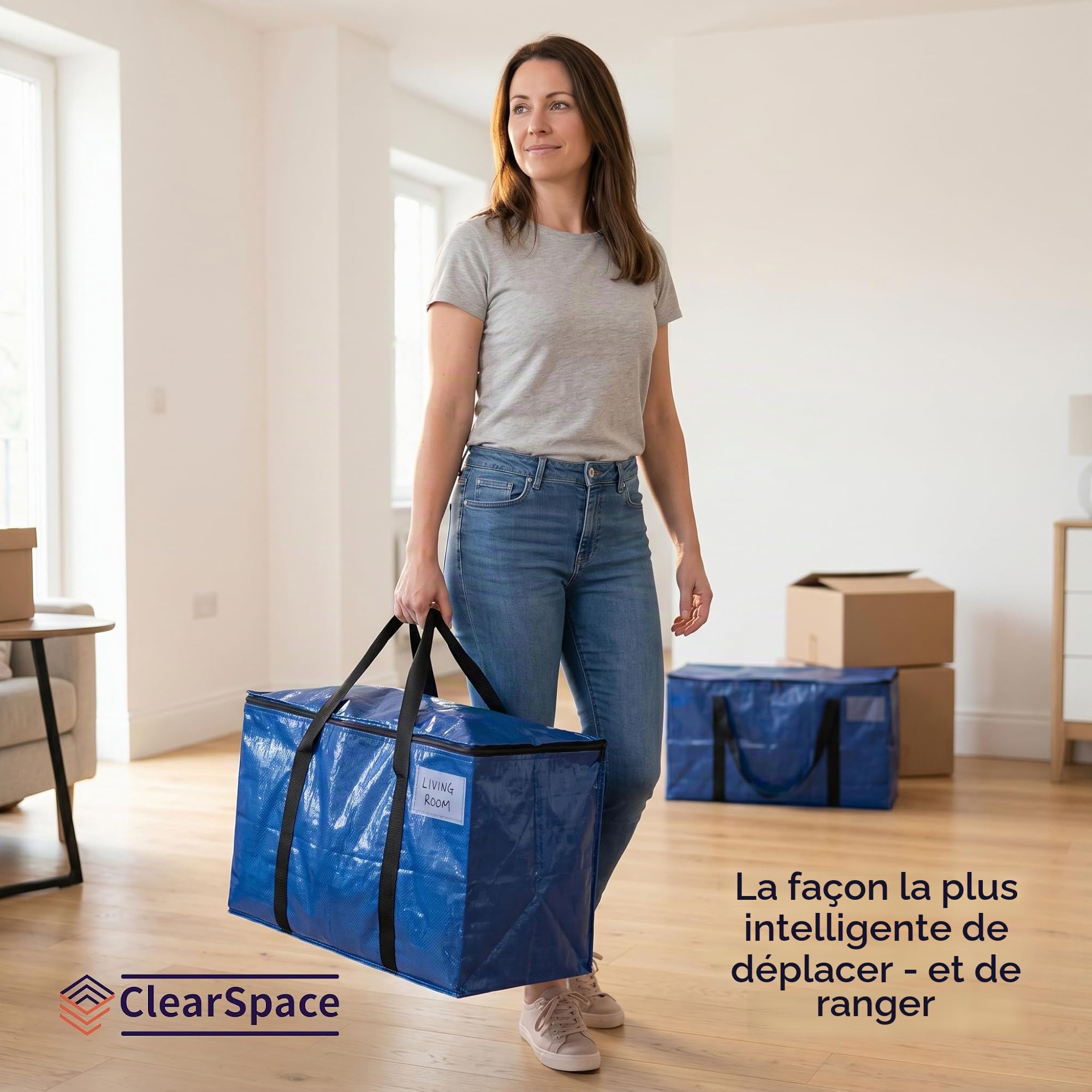 ClearSpace Lot de 6 grands sacs de déménagement ou de rangement robustes avec sangles de sac à dos, fermetures éclair et poignées - Parfaits pour les déménagements, les dortoirs universitaires, les