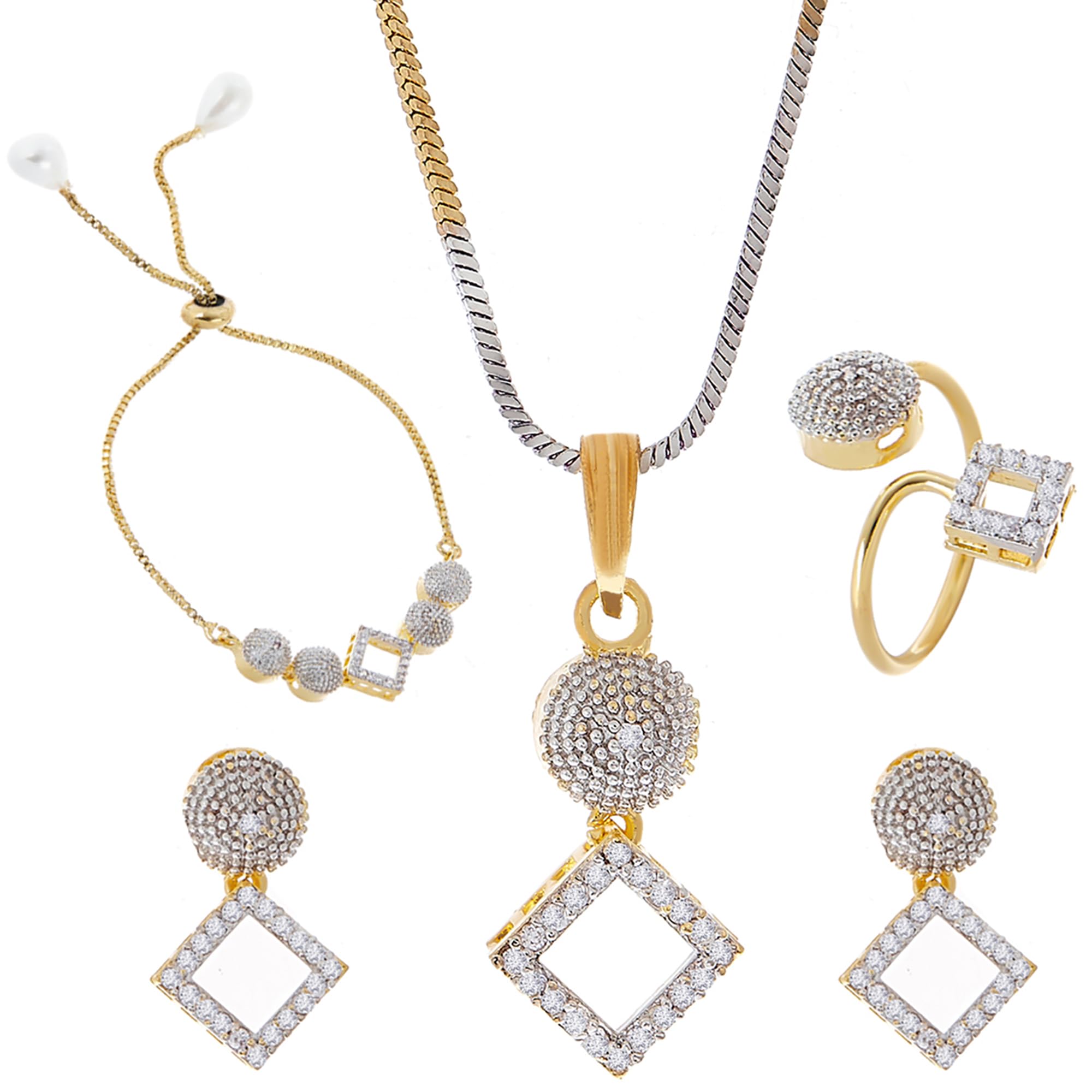 Jewellery Set for Women American Diamond Star Shaped Necklace Set with Earrings, Bracelet and Ring Jewellery for Girls and Women