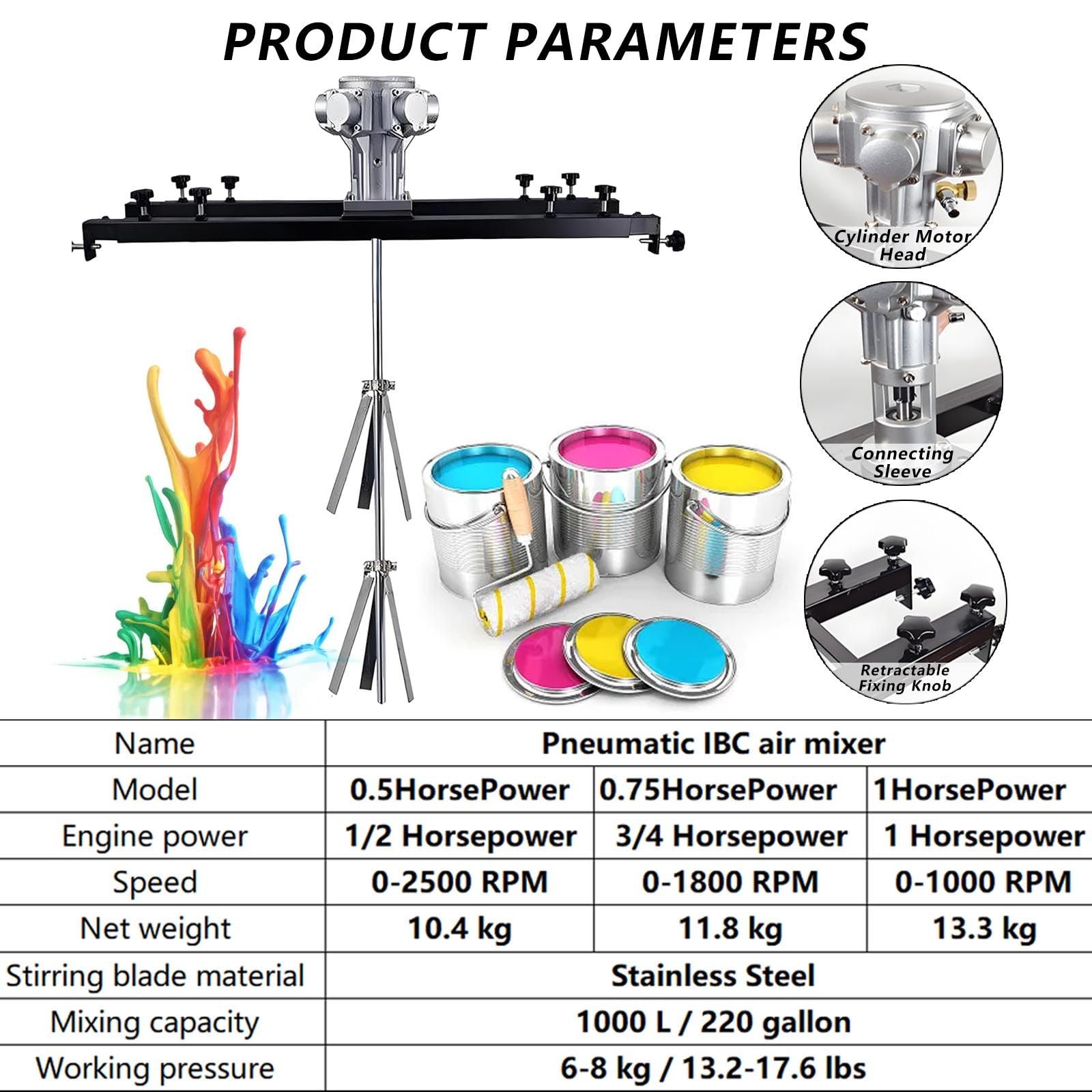 Mezclador neumático para contenedores IBC, agitador neumático Industrial para Pintura, 0-2500 RPM, para Materiales espesos, 1/2 HP, 264 galones, 3/4 Caballos de Fuerza