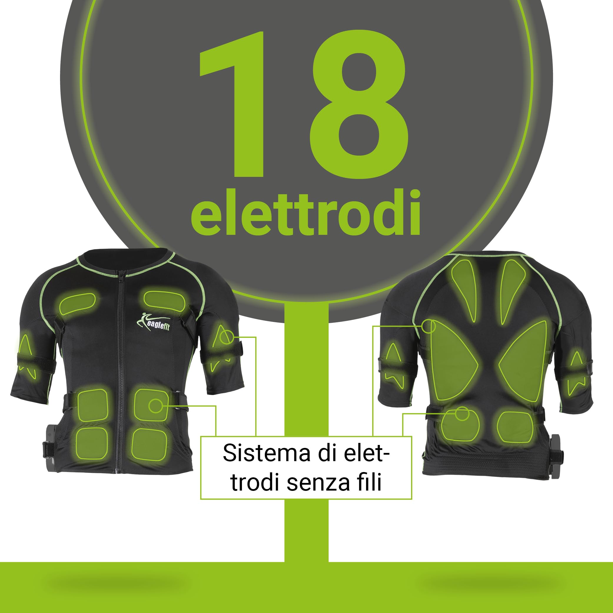 eaglefit Gilet EMS Sistema Completo con 18 Elettrodi – Allenamento Parte Superiore a Casa – Trainer Addominali e Schiena, Sviluppo Muscolare, Elettrostimolazione per Donna e Uomo con App e Centralina