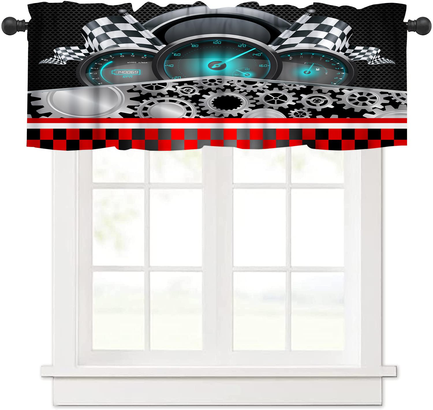 AAVEUP Racing Flag Valance Curtain for Kids Cartoon Mechanical Gear Dashboard Red Plaid Car Race Window Treatment Valances Curtains for Boys Living