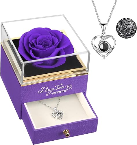 Miniatura 9 de ASELFAD Rosa roja real preservada con collar de brújula, flores eternas, regalos de rosas para novia, esposa, regalos del día de San Valentín para