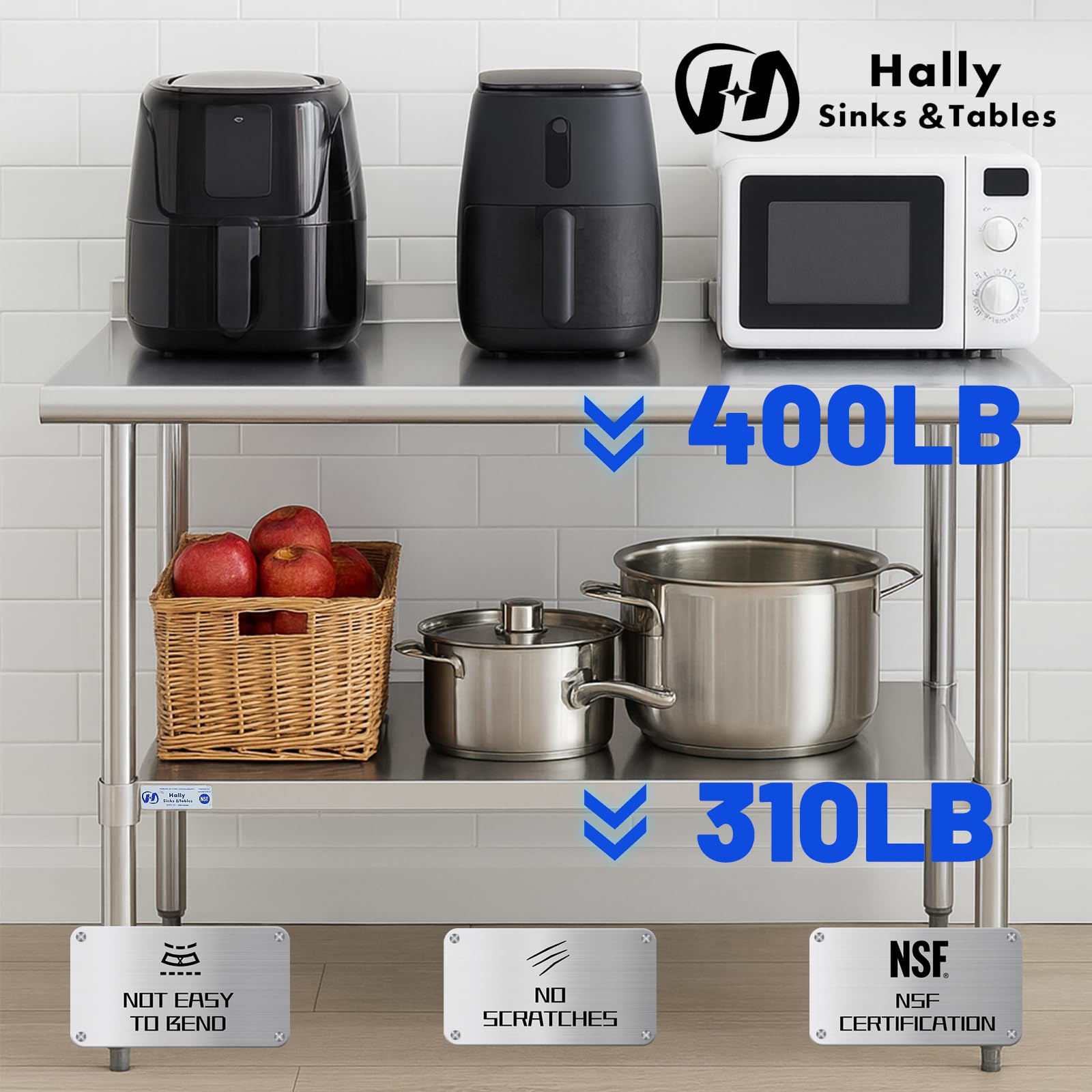 Hally - Mesa de acero inoxidable para preparación y trabajo, 14 x 72 pulgadas, mesa comercial NSF resistente con estante inferior y protector contra salpicaduras para restaurante, hogar y hotel