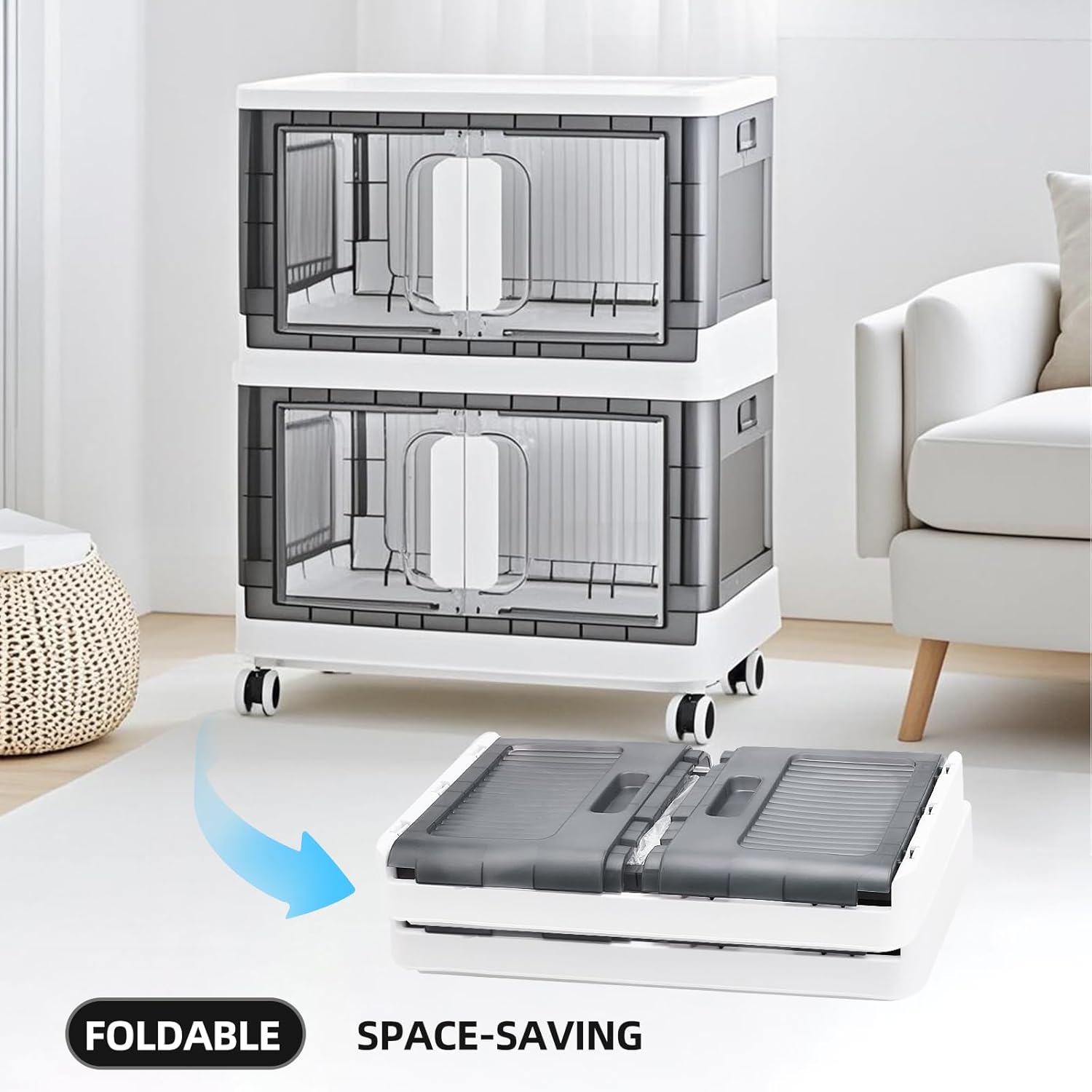 Folding Storage Organizer with Silent casters | Stackable Design for Home & Office, Heavy-Duty Plastic Storage Bin with Clear Door, 3 Sizes (19.5/23.5/27.5in),Black/White (19.7" 5 layer, White)