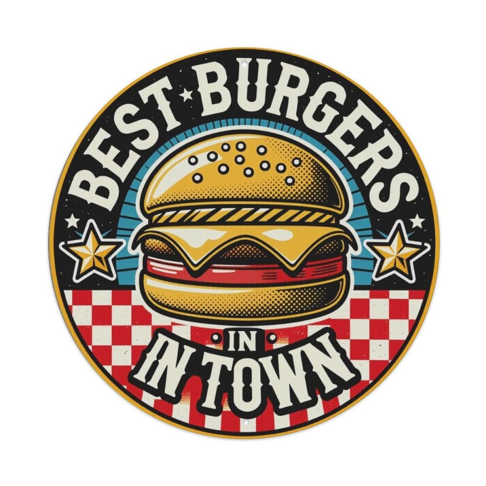 Retro American Burger Shop Round Decor Sign Vintage Aluminium Metal Sign, Retro Wall Decor for Home, Bar, Garage & Farmhouse 20x20cm