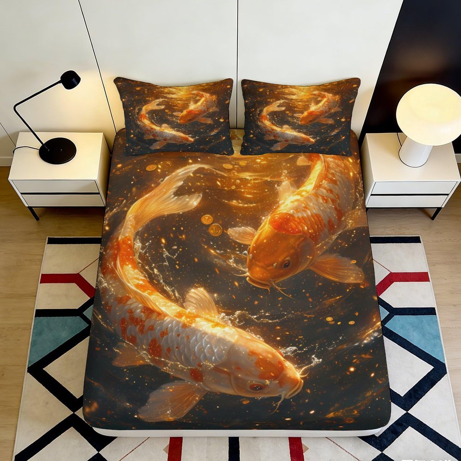 3D Printed Koi Fish Fitted Sheet Microfiber Soft Anti-Slip Gold Carp Bed Sheet for Bedroom Guest Room Decor 90x200x25cm