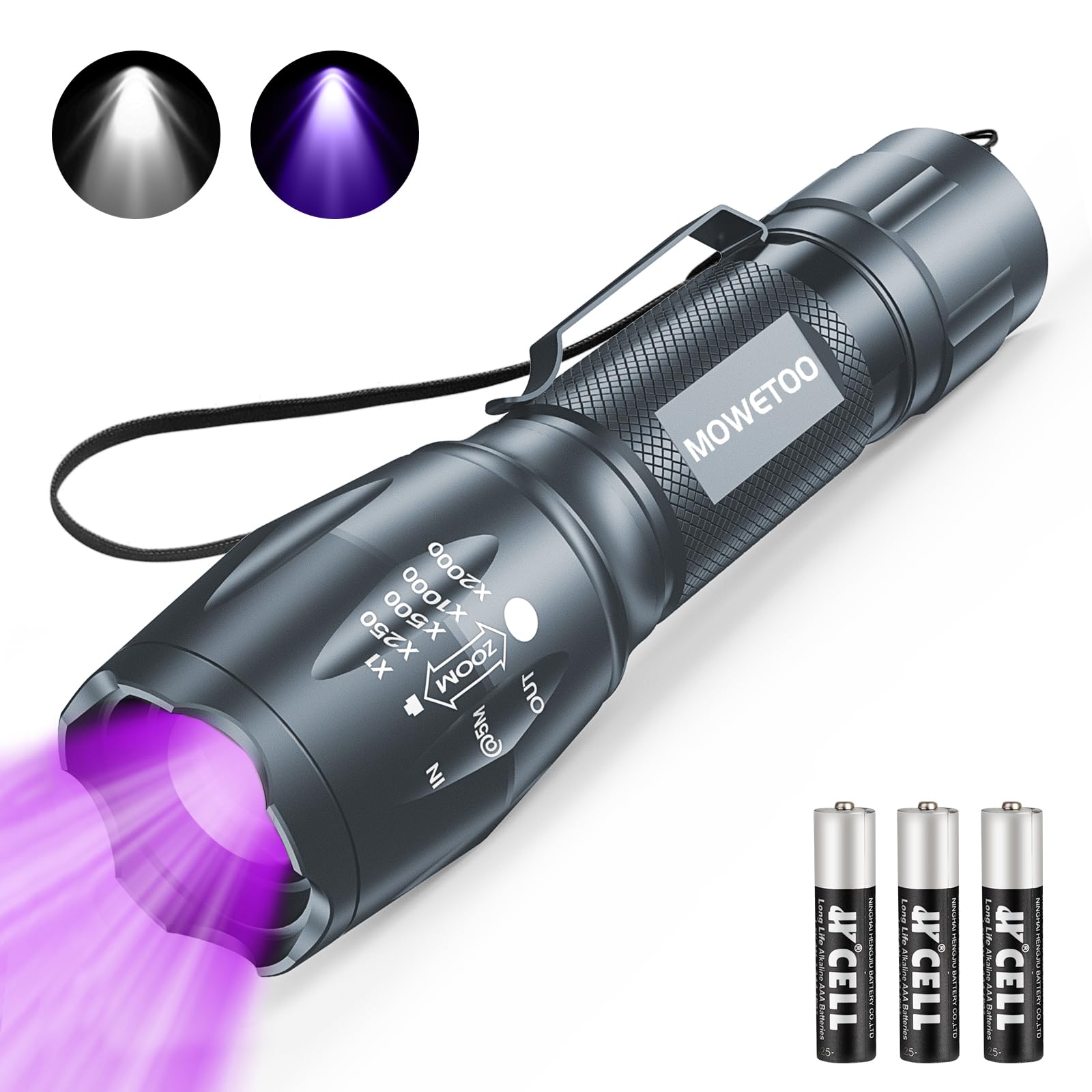 MOWETOO Taschenlampe, UV Lampe 2 in 1 Schwarzlichtlampe, 395nm Ultraviolette 4 Modi, Detektor für Unechte Banknoten, Urin von Hunde und Andere Haustiere Urin-Detektor 3 AAA Batterien 40W Grau