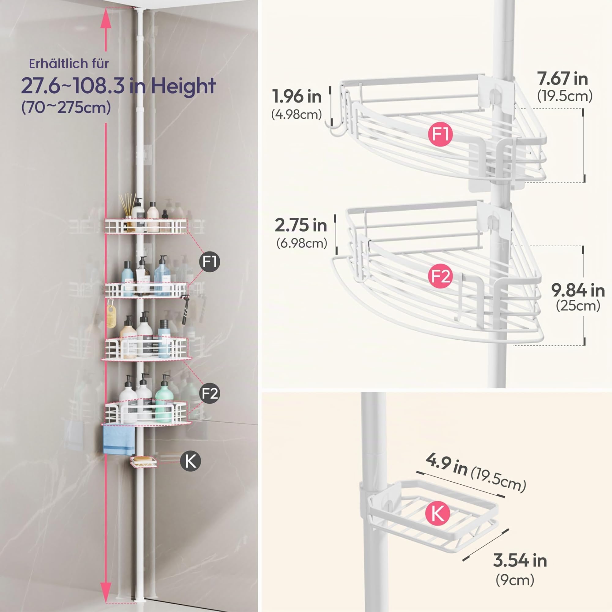 SWTYMIKI Duschablage ohne Bohren Ecke - Teleskop Duschregal Ecke, 70-267cm | Höhenverstellbar Duscheckregal Teleskop, Rostfrei Teleskop Badregal Shampoo Halterung für Dusche mit 4 Körben, Edelstahl