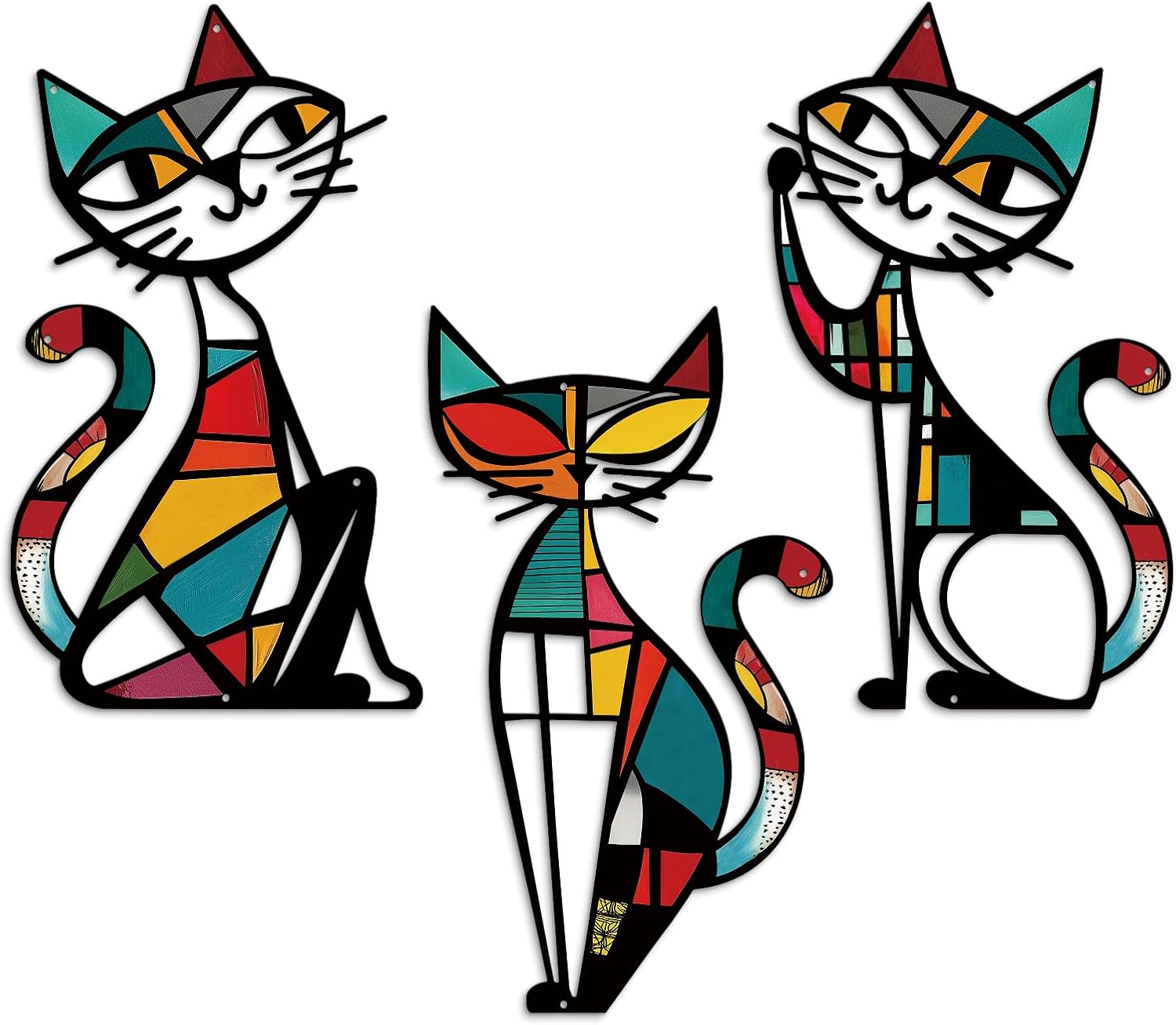 Putuo Decor 3 Pieces Cat Metal Wall Decor, Colorful Mid Century Modern Abstract Retro Wall Hanging Sculptures for Cat Lovers Living Room Bedroom Kitchen Hallway Office, 13.77 x 9.84 in