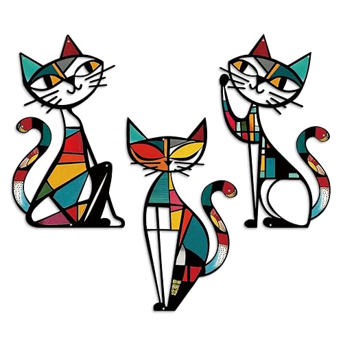 Putuo Decor 3 Pieces Cat Metal Wall Decor, Colorful Mid