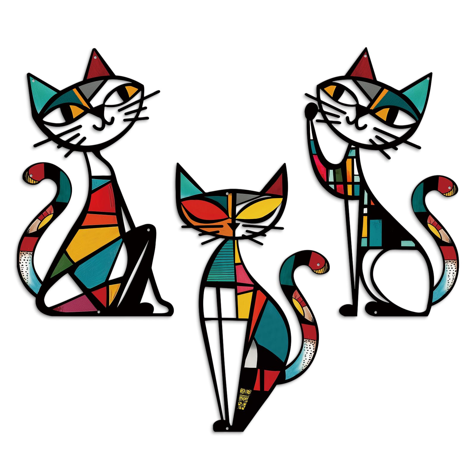 Putuo Decor 3 Pieces Cat Metal Wall Decor, Colorful Mid Century Modern Abstract Retro Wall Hanging Sculptures for Cat Lovers Living Room Bedroom Kitchen Hallway Office, 13.77 x 9.84 in