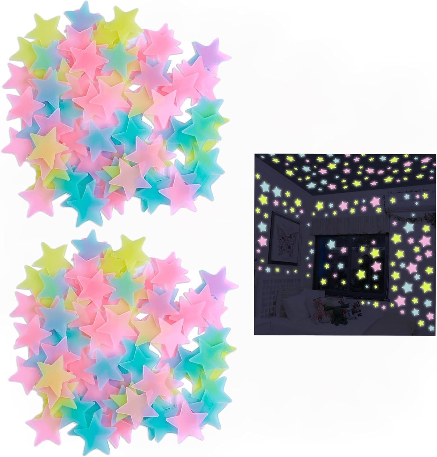 Zhhuoc Multicolor 100Pcs Luminous Stars, Colorful Glow In The Dark Luminous Stars Fluorescent Noctilucent Plastic Wall Stickers Murals Decals For Home Art Decor Bedroom Room Decorations,