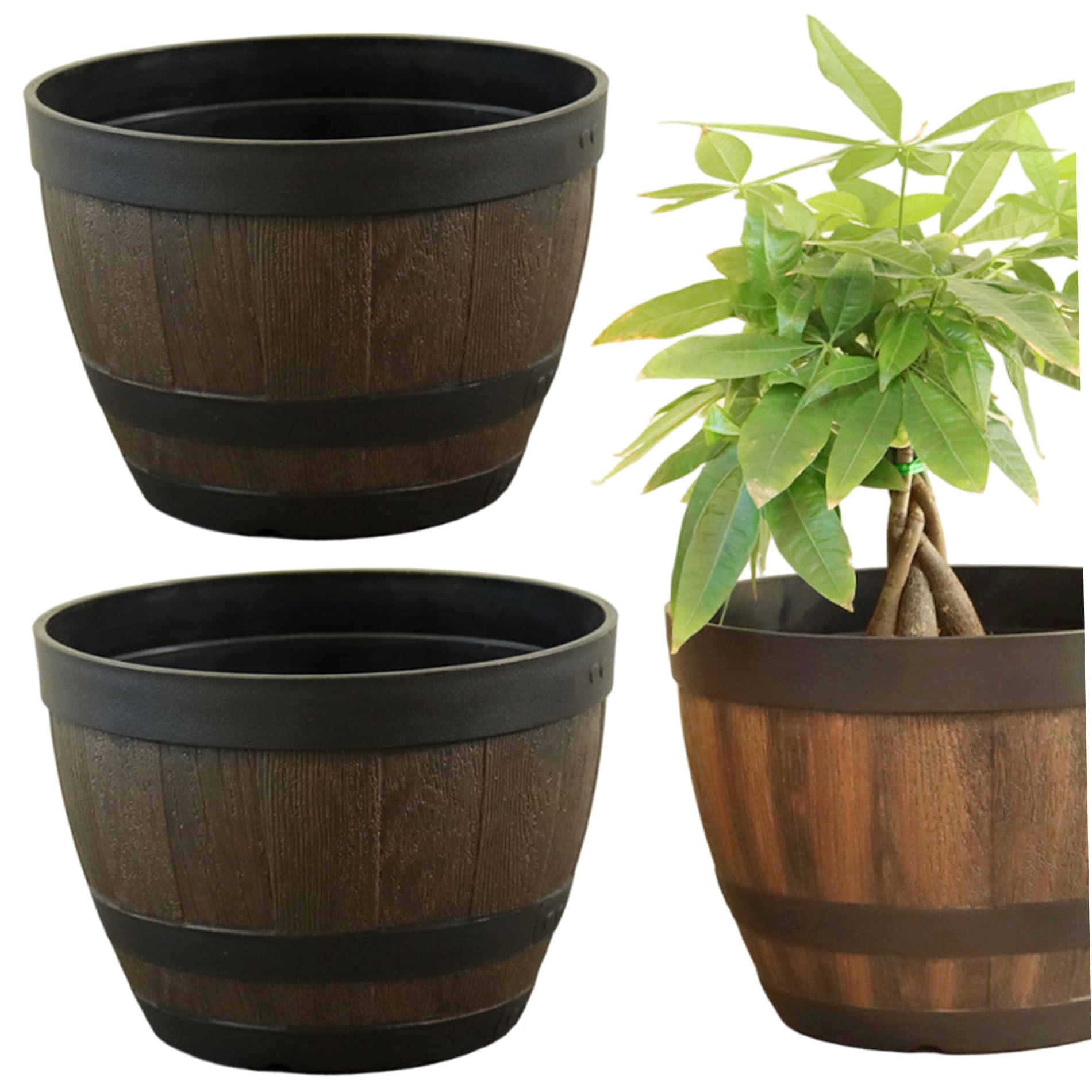 Pots de fleurs d'extérieur effet baril de whisky en plastique résistant avec drainage x2