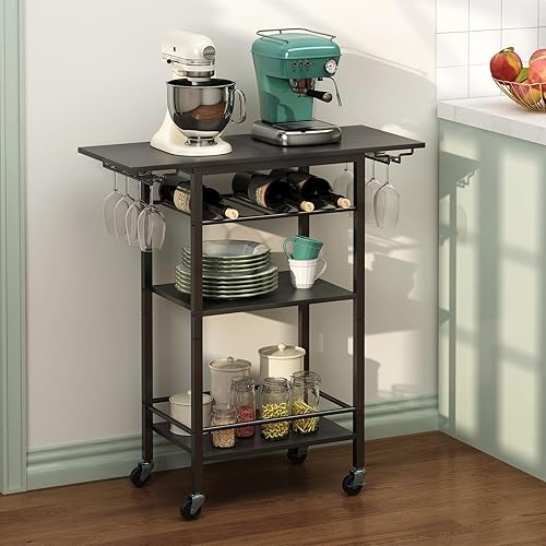 Miniatura 3 de LAATOOREE Carrito de bar de 4 niveles, carrito de servicio para el hogar, carrito móvil negro para bebidas, estante de cocina rodante con soportes