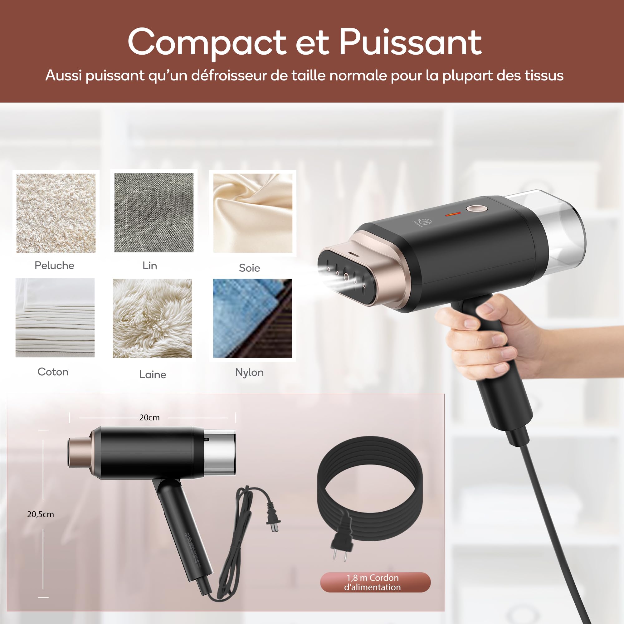 Defroisseur Vapeur Vertical,Pliable fer à Repasser de Voyage Léger et Portable,2in1 Fer à Repasser & Vapeur Convient à Tous les Tissuspour,Steamer 360°Étanche,220-240V defroisseur vapeur voyage,180ml
