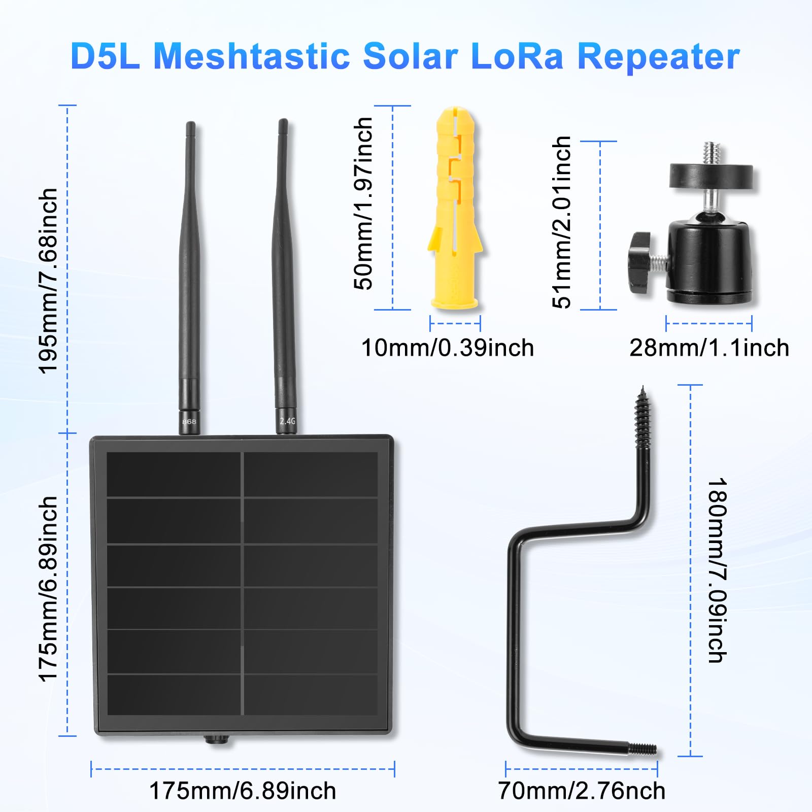 D5L Meshtastic Solar-LoRa-Repeater, compatibile con nodi Meshcore Meshtastic, antenna 868 MHz, pannello solare, batteria integrata da 5000 mAh e regolatore di carica