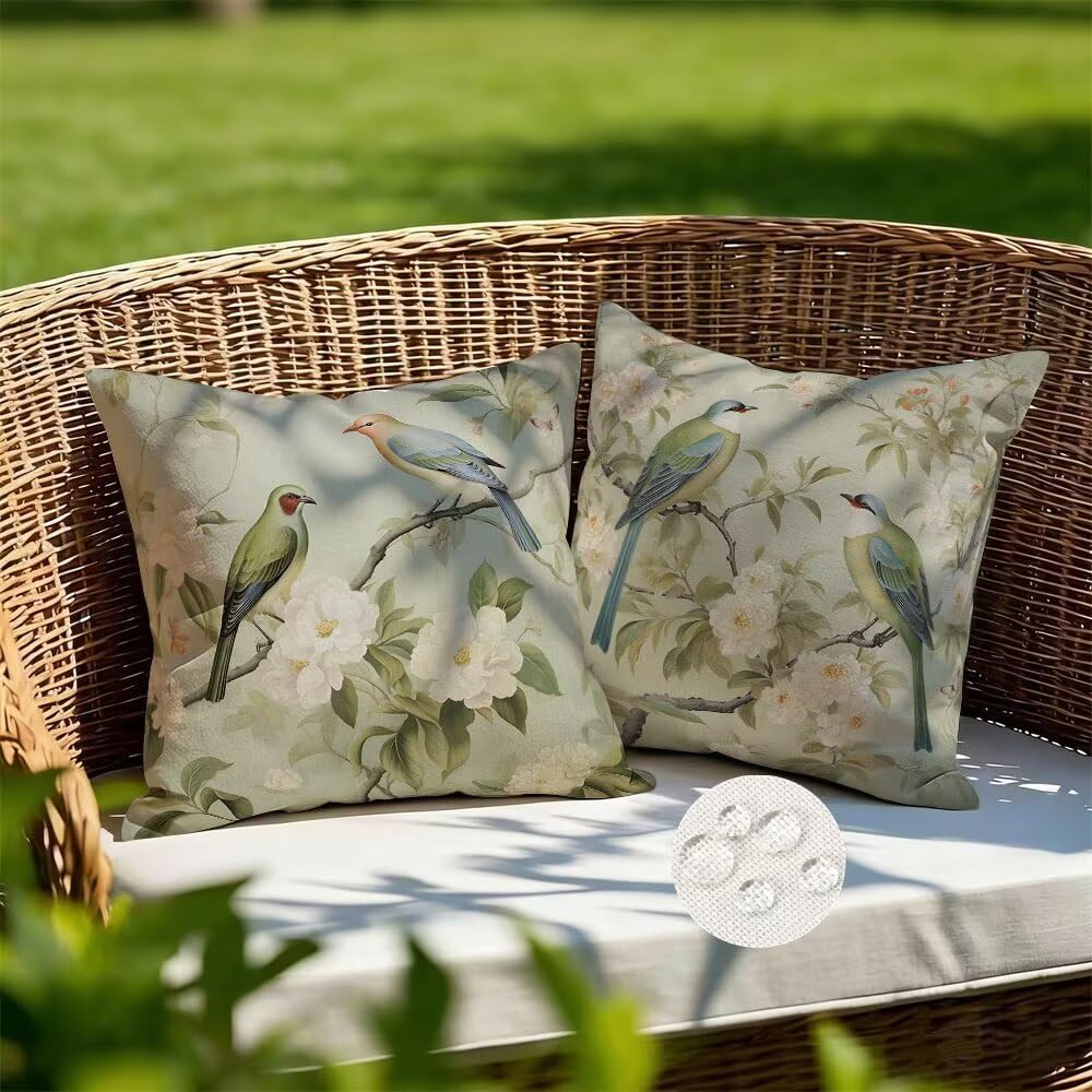 Outdoor Cushions Waterproof Spring Cushion Covers 35cm x 35cm Set of 2 Flower and Bird Garden Cushions Pastoral Cushion Cover Decorative Pillows Linen Throw Pillow Case for Garden Furniture (IU175)