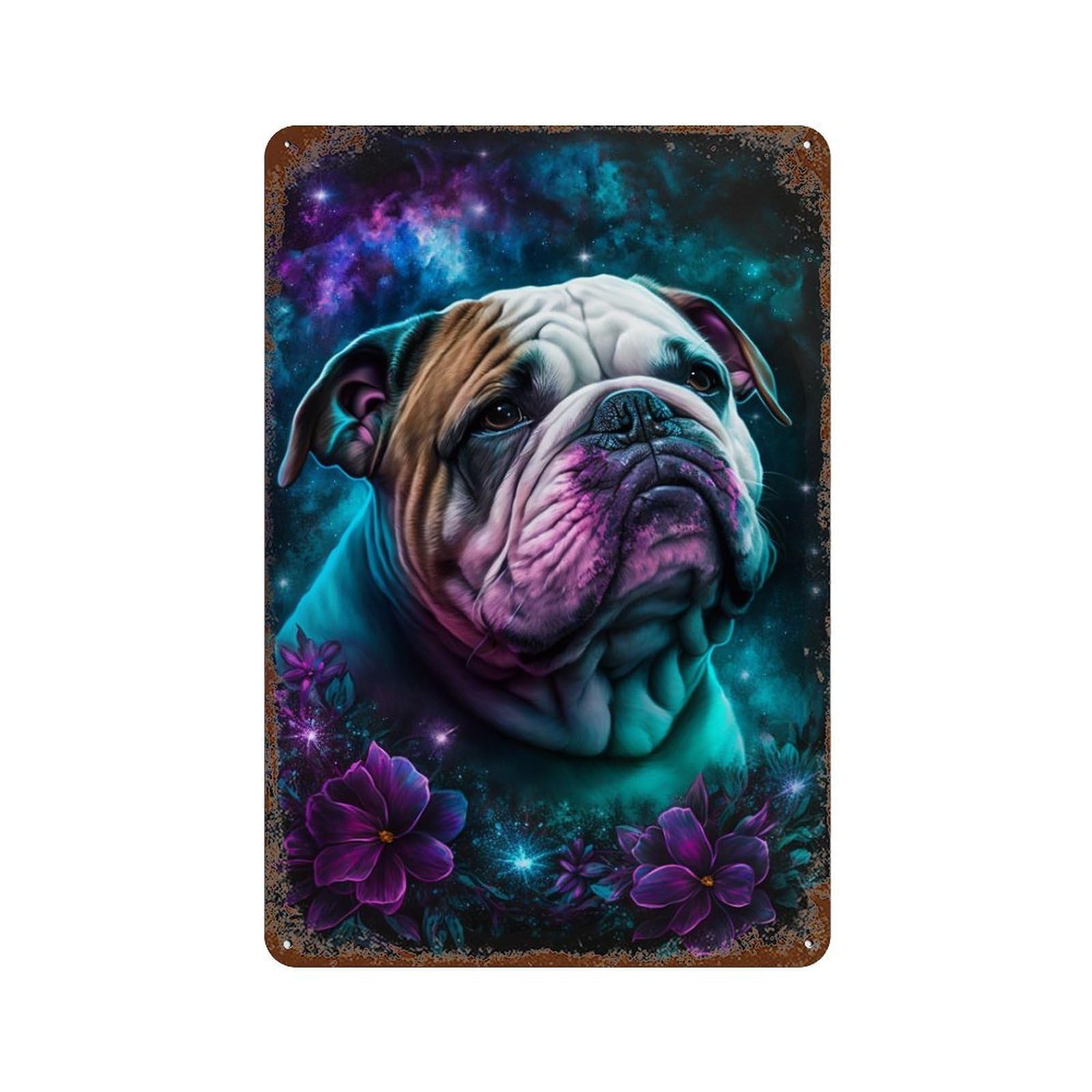 Distressed Metal Wall Sign with Galactic Bulldog with Flowers Design 11.8"x7.9", for Shed, Workshop And Garage Wall Decor, Decorative Metal Wall Art