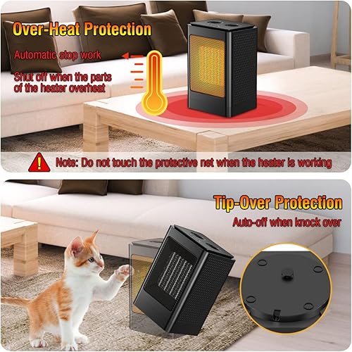 Miniatura 4 de Calentador de espacio, calentador portátil de 1500 W, calentador eléctrico oscilante de 60, calentador para dormitorio, oficina, uso interior (negro)