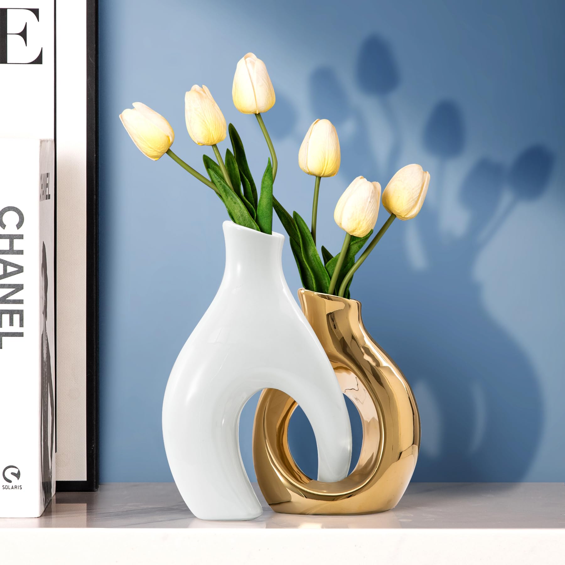 Jarrones blancos y dorados, juego de 2 jarrones de flores, bonito jarrón bohemio para decoración del hogar, jarrón hueco moderno de cerámica para centros de mesa 4