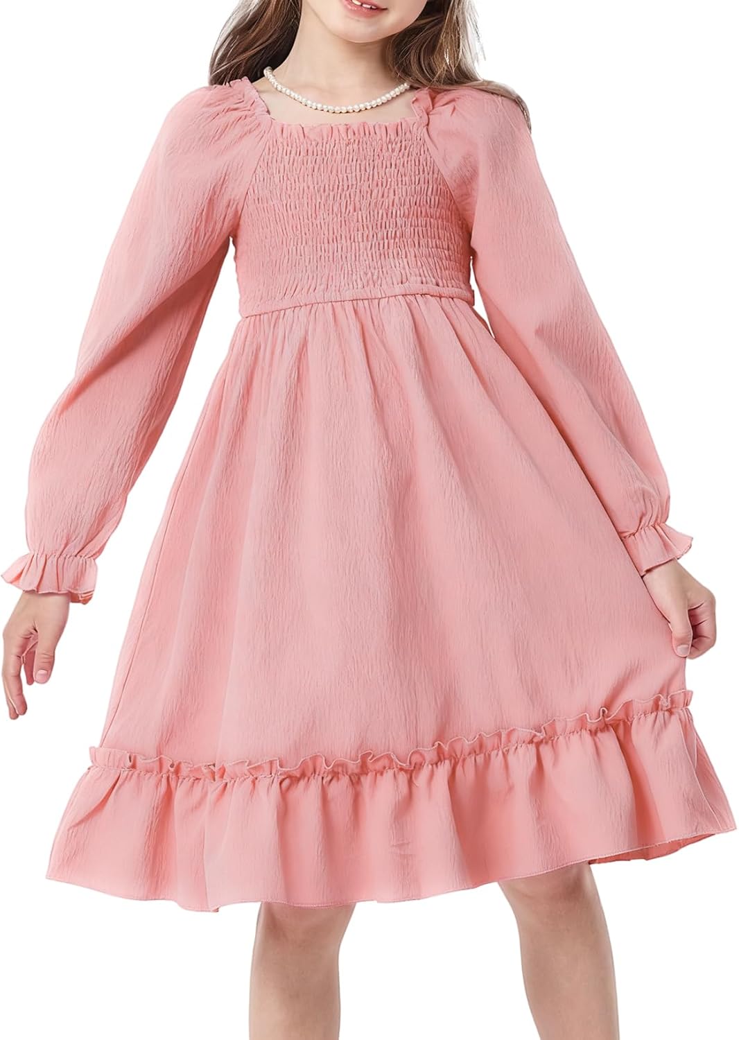 Girls Spring Dress Lantern Long Sleeve Square Neck Ruffle Dress Kids Easter Dress 5-14Y