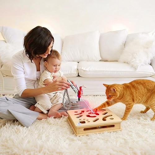 Miniatura 7 de CUTPLAN - Juego de juguetes para gatos, 1 caja de juguetes interactiva de madera para gatos, juguete de caza para interiores y un puntero láser