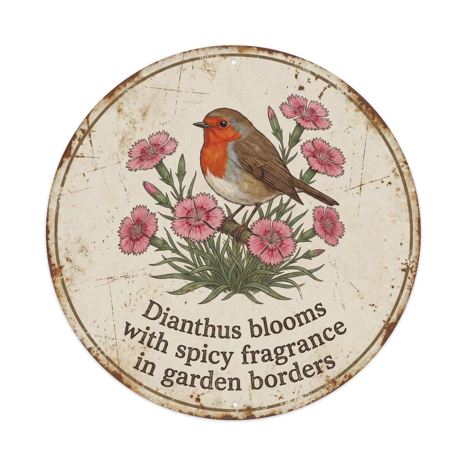 Robin Bird Garden Quote Dianthus RoundMetal Tin Sign