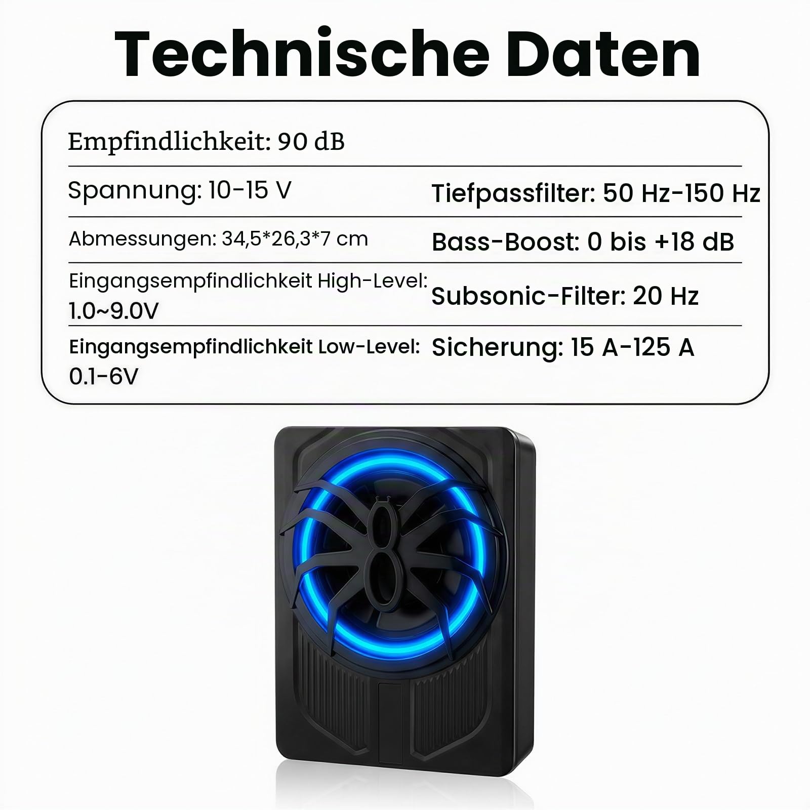 OiLiehu Untersitz Auto Subwoofer 1000W, 10" Schlanker Auto Subwoofer mit Stereo-Surround-Sound, Integrierter Audioverstärker, mit Blauem LED-Umgebungslicht